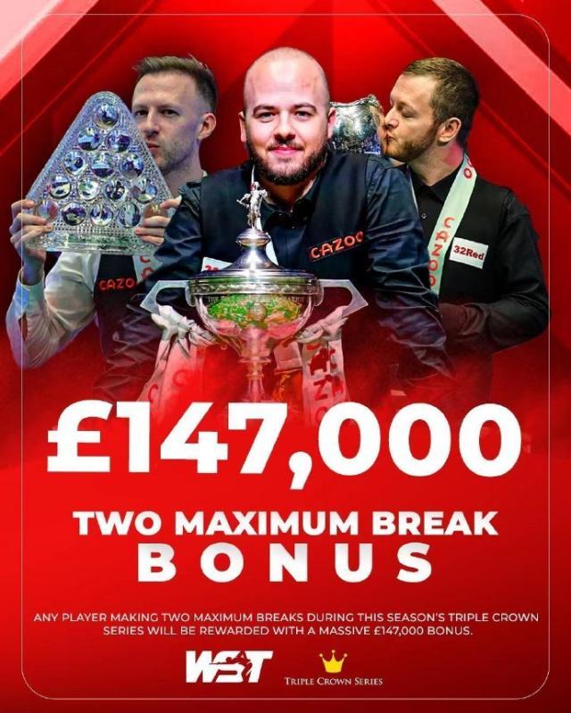 斯诺克官方：在三大赛打出2杆147者将获147000英镑